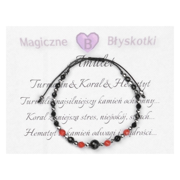 Bransoletka celebrytka czarny TURMALIN KORAL HEMATYT ochrona i spokój